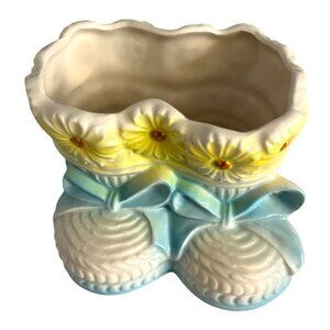 1950s Ceramic Baby Bootie Planter – Blue & Yellow Daisy Nursery Shoe Vase